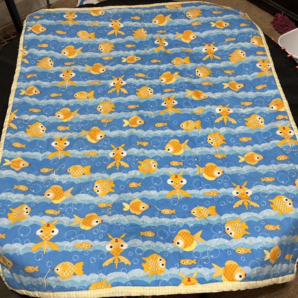 Handmade Baby Quilt 45x38" Goldfish Ocean | Yellow Gingham Reversible Babycore